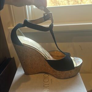 Jimmy Choo Black and Gold Wedge Sandals